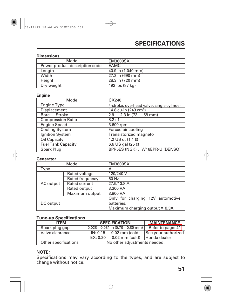 Specifications, 51 specifications | HONDA EM3800SX User Manual | Page 53 / 71