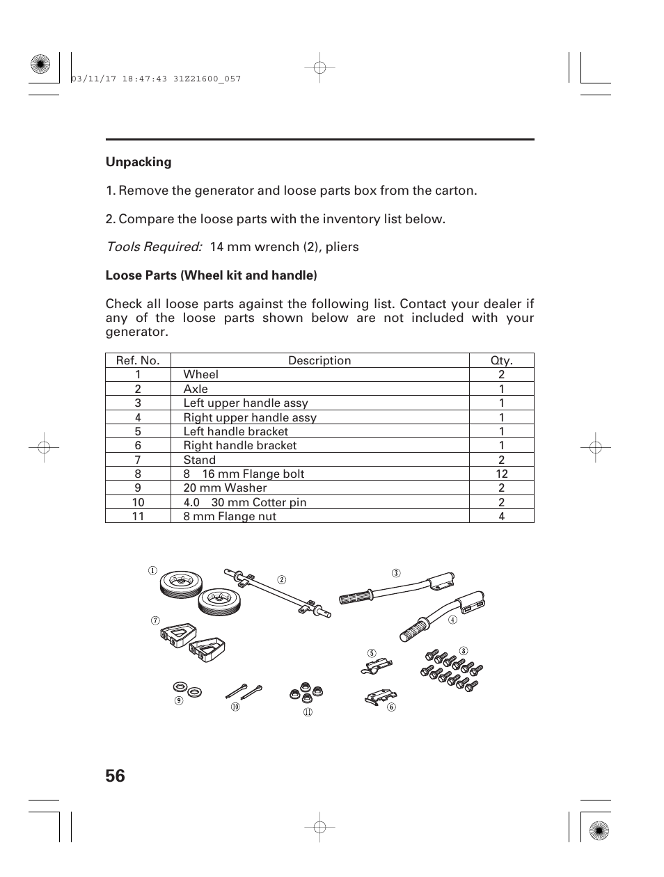 Unpacking, Loose parts (wheel kit and handle) | HONDA EM3800SX User Manual | Page 58 / 71