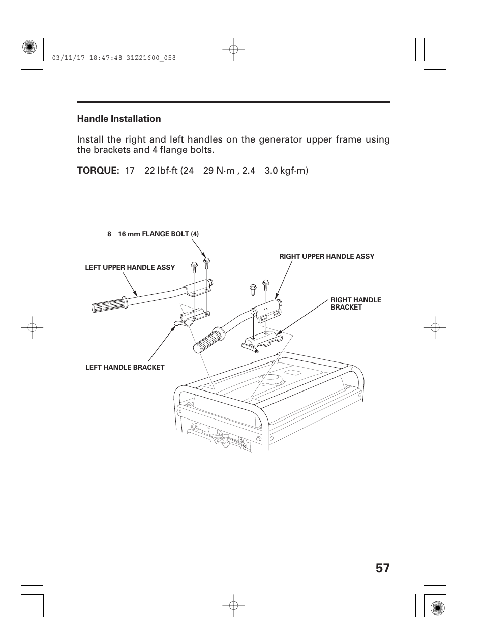 Handle installation | HONDA EM3800SX User Manual | Page 59 / 71