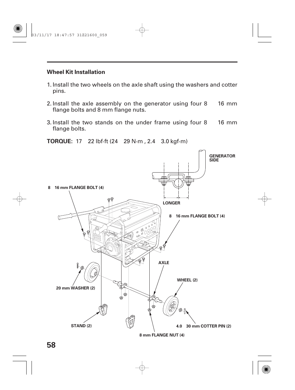 Wheel kit installation | HONDA EM3800SX User Manual | Page 60 / 71