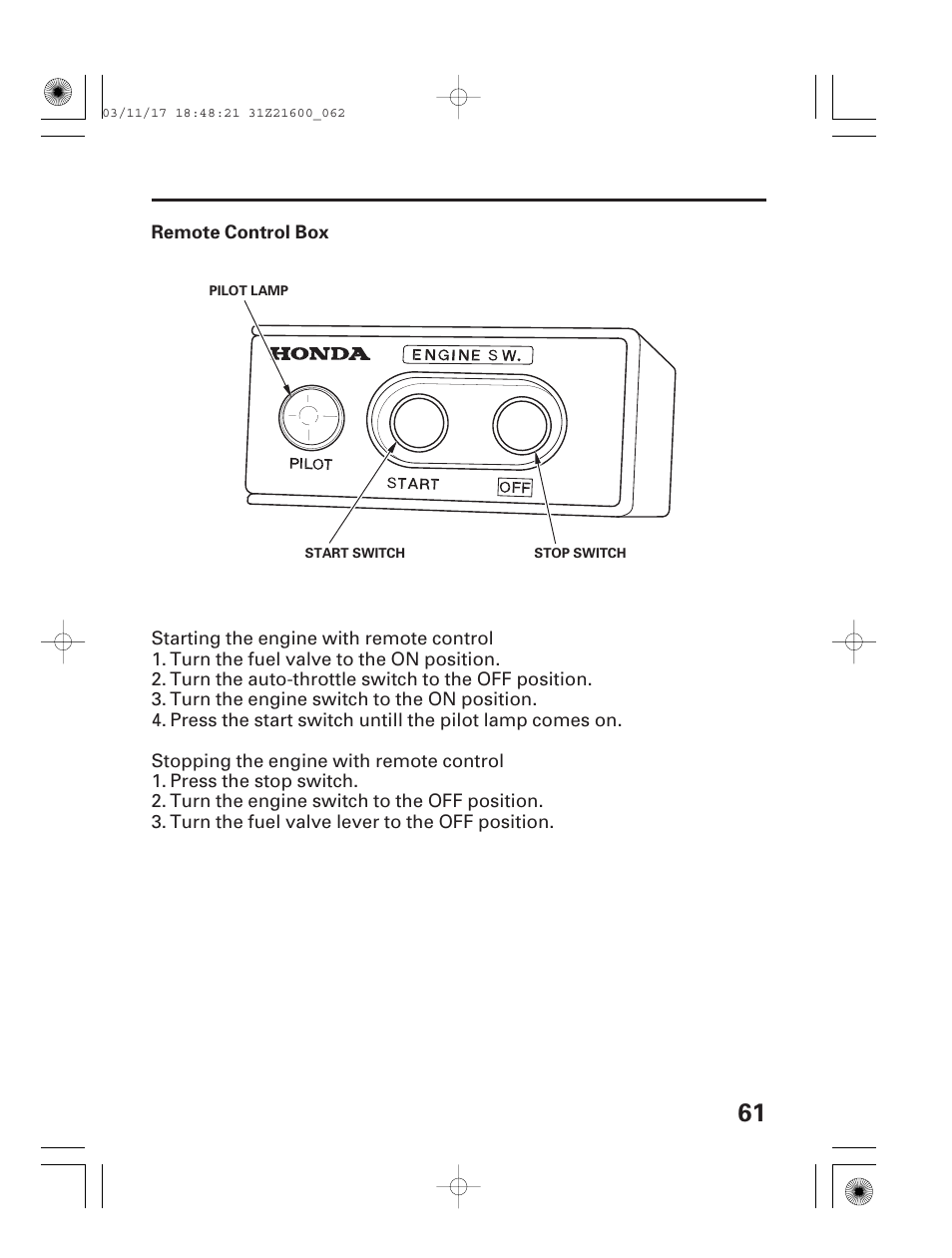 Remote control box | HONDA EM3800SX User Manual | Page 63 / 71