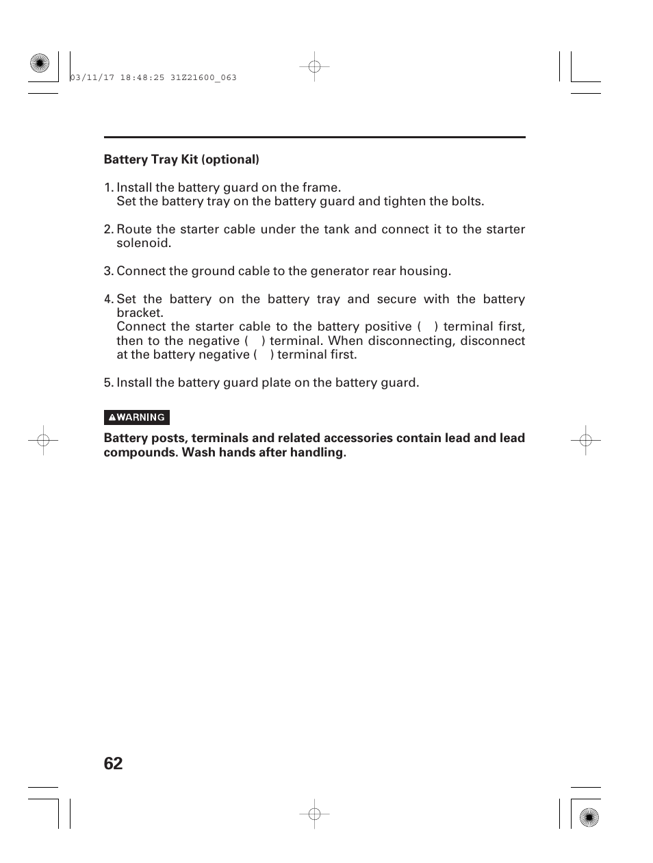 Battery tray kit (optional) | HONDA EM3800SX User Manual | Page 64 / 71