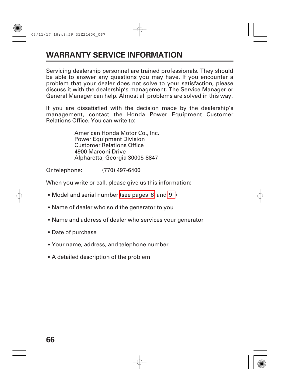 Warranty service information, 66 warranty service information | HONDA EM3800SX User Manual | Page 68 / 71