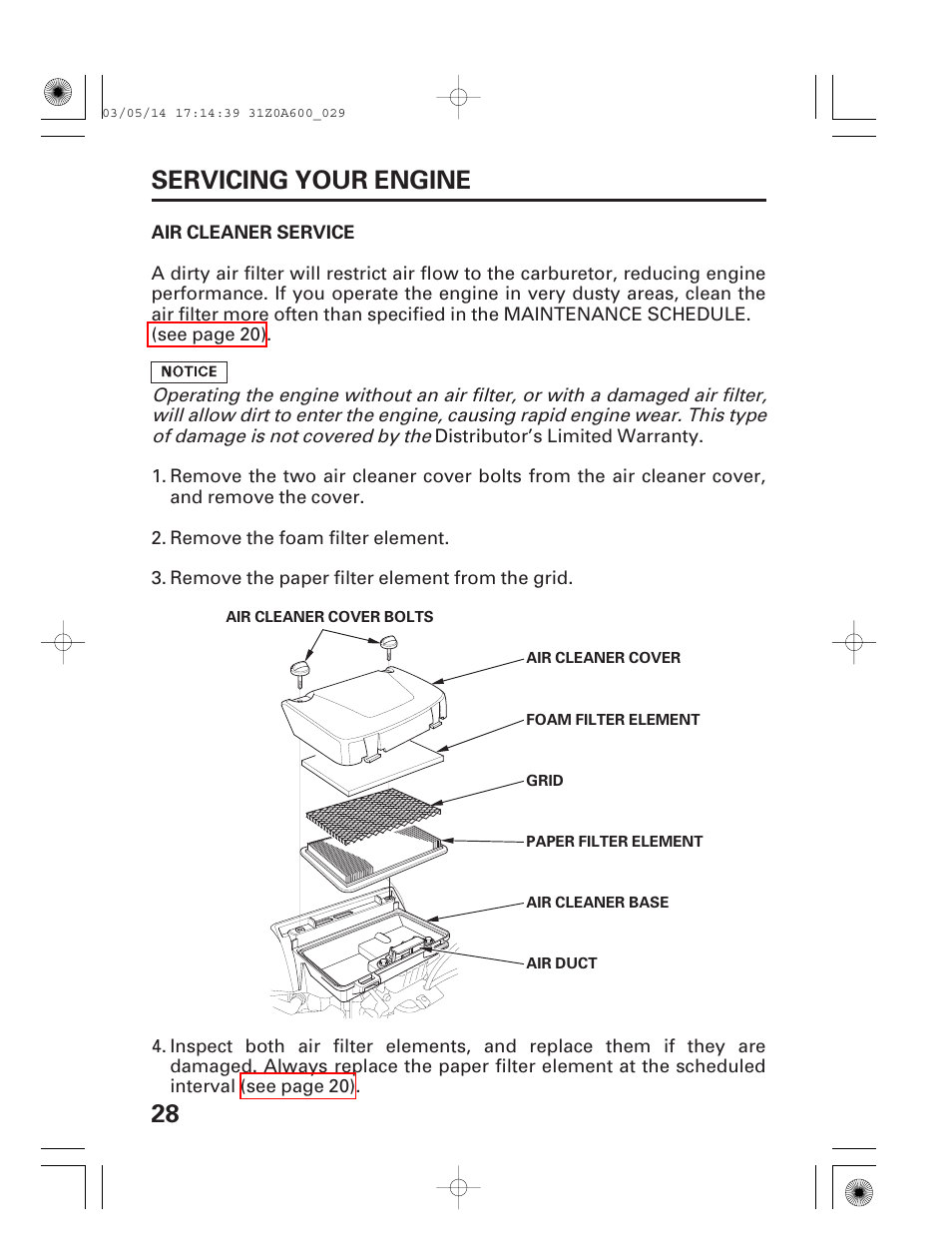 Air cleaner service, 28 servicing your engine | HONDA GXV530 User Manual | Page 30 / 60