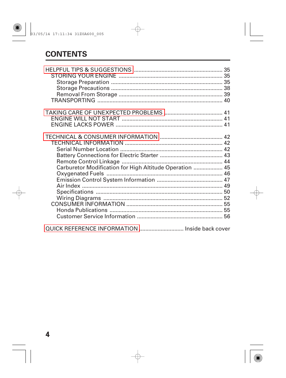 4contents | HONDA GXV530 User Manual | Page 6 / 60