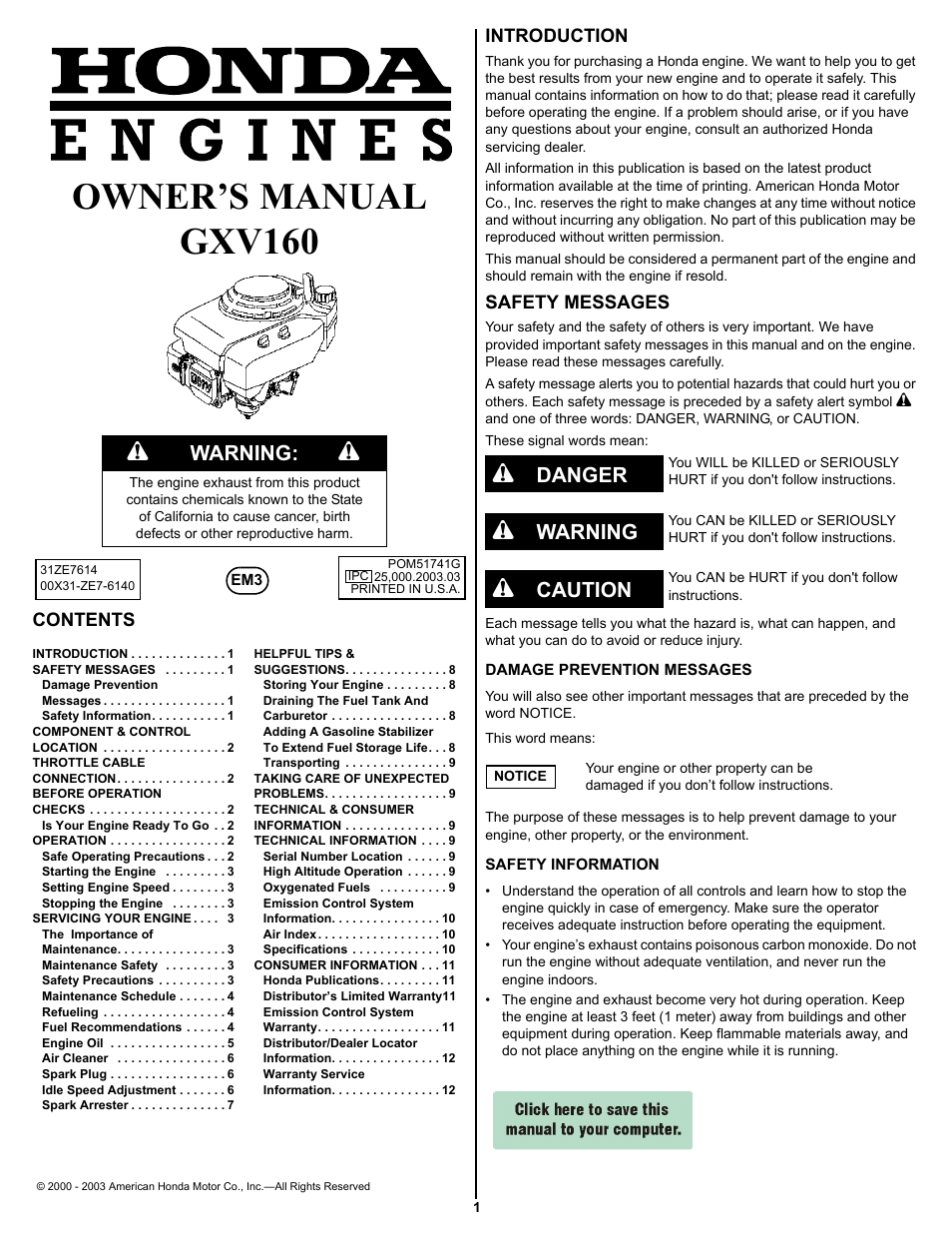 HONDA GXV160 User Manual | 12 pages