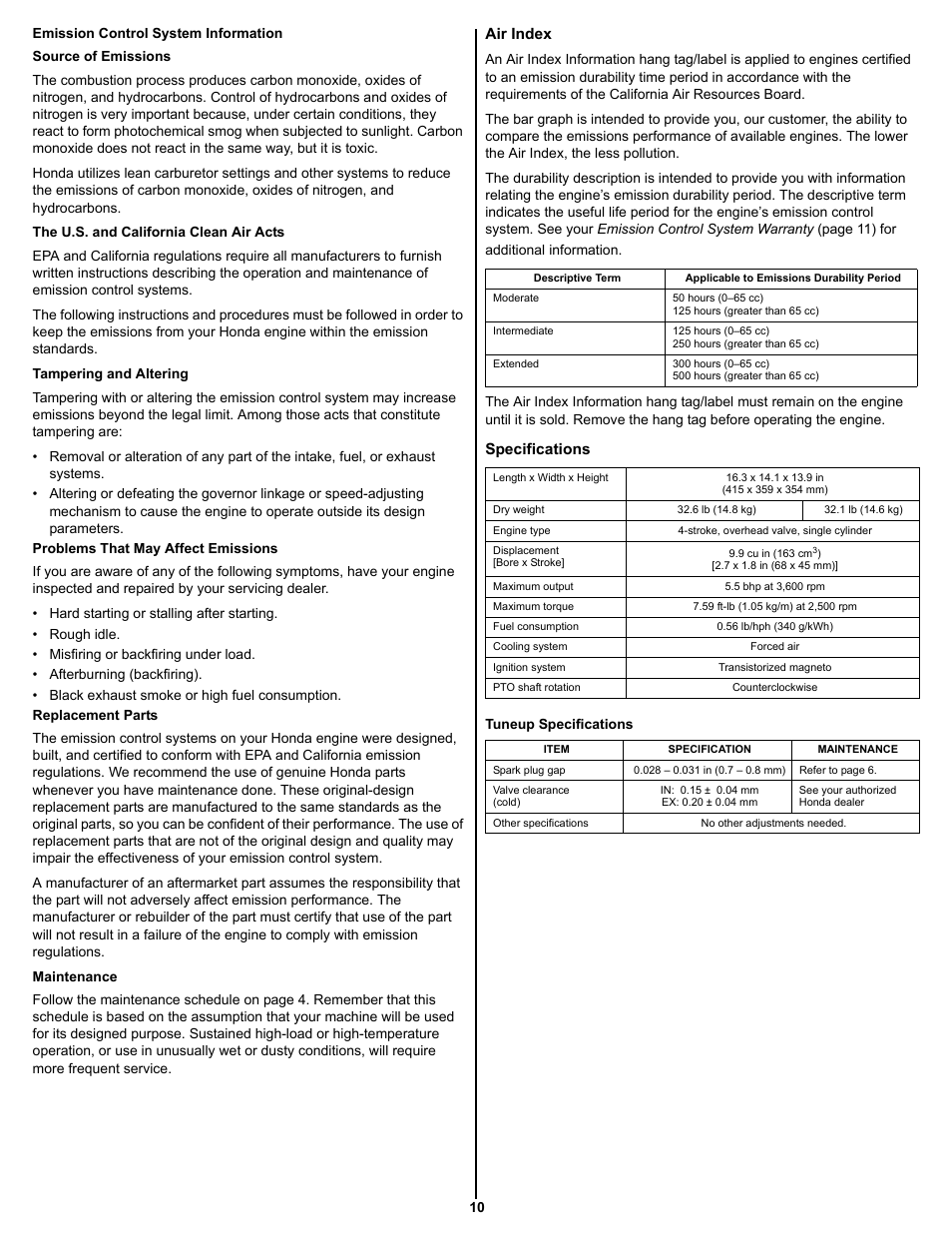 Emission control system information, Air index, Specifications | HONDA GXV160 User Manual | Page 10 / 12