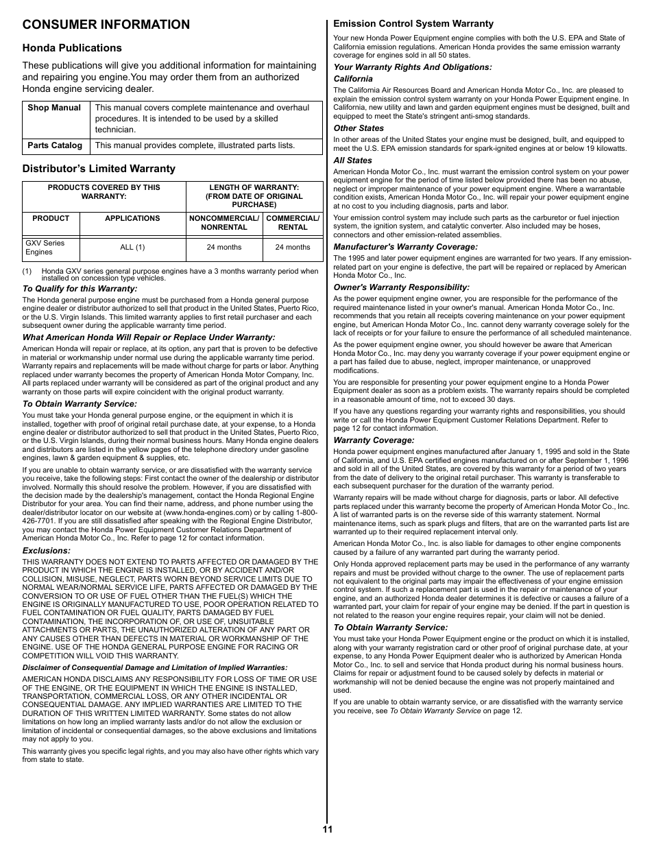 Consumer information, Honda publications, Distributor's limited warranty | Emission control system warranty, Distributor’s limited warranty | HONDA GXV160 User Manual | Page 11 / 12