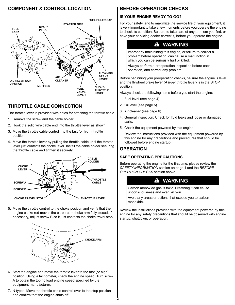 Component & control location, Throttle cable connection, Before operation checks | Is your engine ready to go, Operation, Safe operating precautions, Warning | HONDA GXV160 User Manual | Page 2 / 12