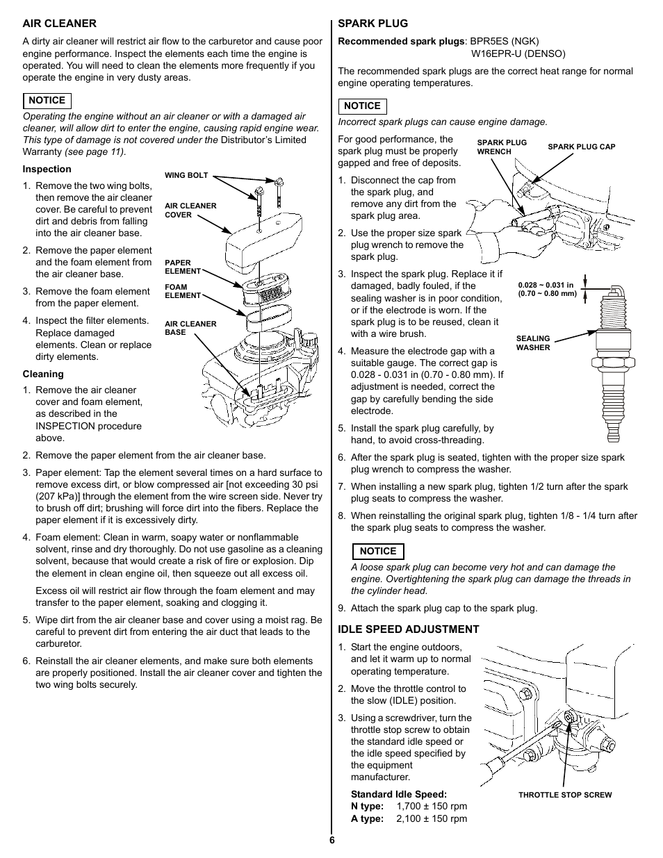 Air cleaner, Spark plug, Idle speed adjustment | HONDA GXV160 User Manual | Page 6 / 12