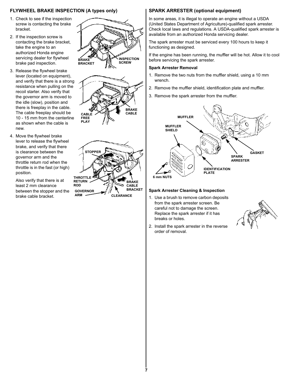 Flywheel brake inspection (a types only), Spark arrester (optional equipment) | HONDA GXV160 User Manual | Page 7 / 12