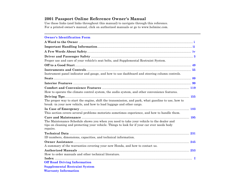 HONDA 2001 Passport User Manual | 1 page