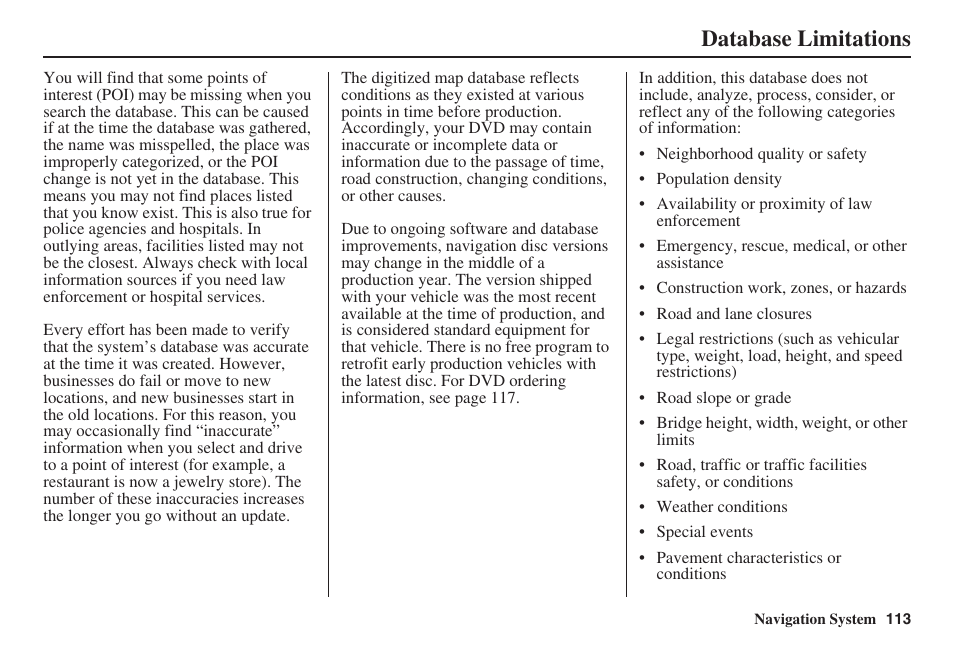 Database limitations | HONDA 2008 MDX 00X31-STX-8100 User Manual | Page 114 / 172