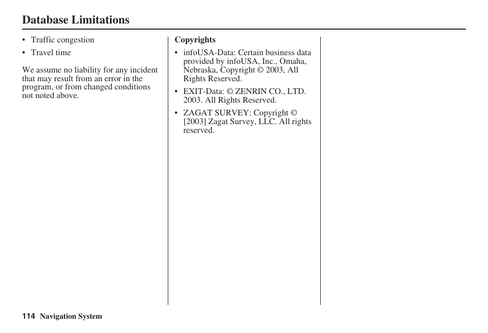 Database limitations | HONDA 2008 MDX 00X31-STX-8100 User Manual | Page 115 / 172