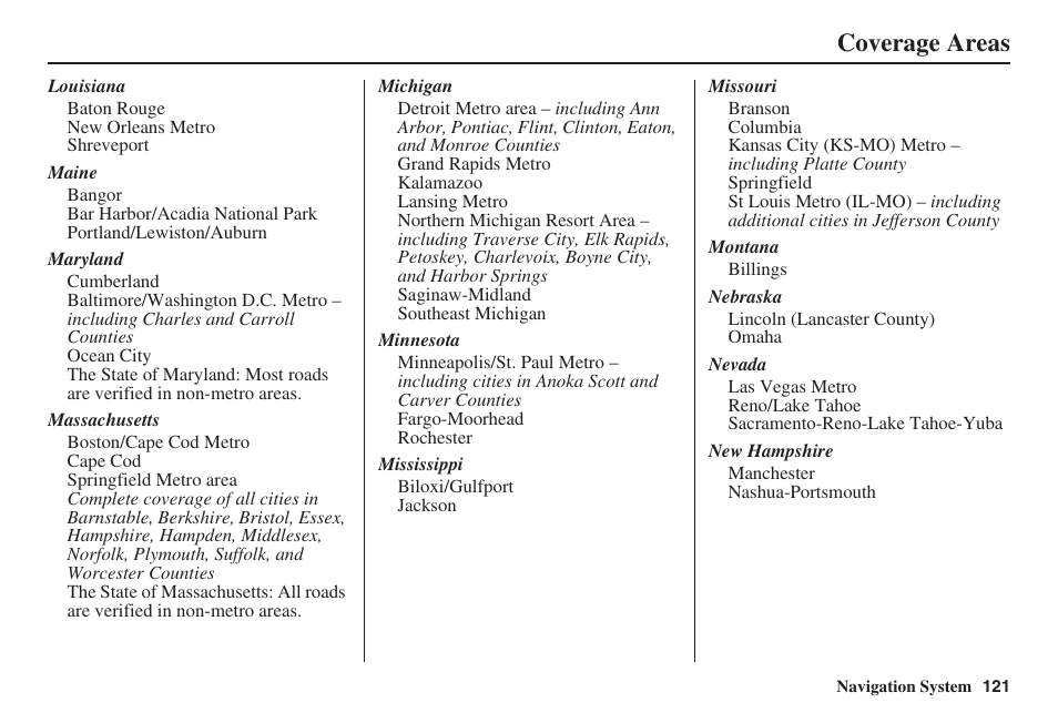 Coverage areas | HONDA 2008 MDX 00X31-STX-8100 User Manual | Page 122 / 172