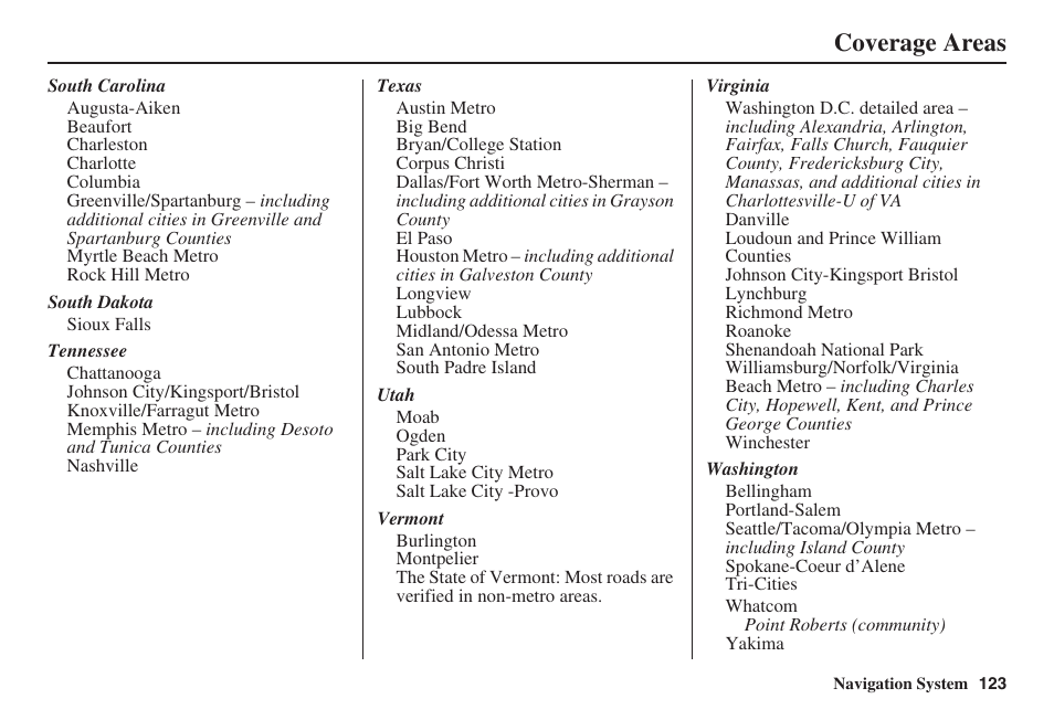 Coverage areas | HONDA 2008 MDX 00X31-STX-8100 User Manual | Page 124 / 172