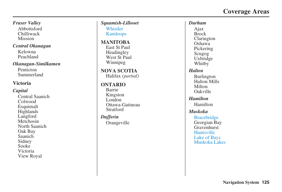 Coverage areas | HONDA 2008 MDX 00X31-STX-8100 User Manual | Page 126 / 172