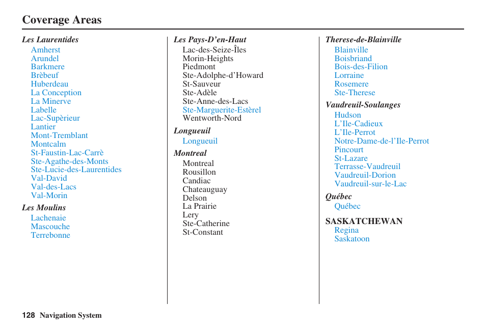 Coverage areas | HONDA 2008 MDX 00X31-STX-8100 User Manual | Page 129 / 172