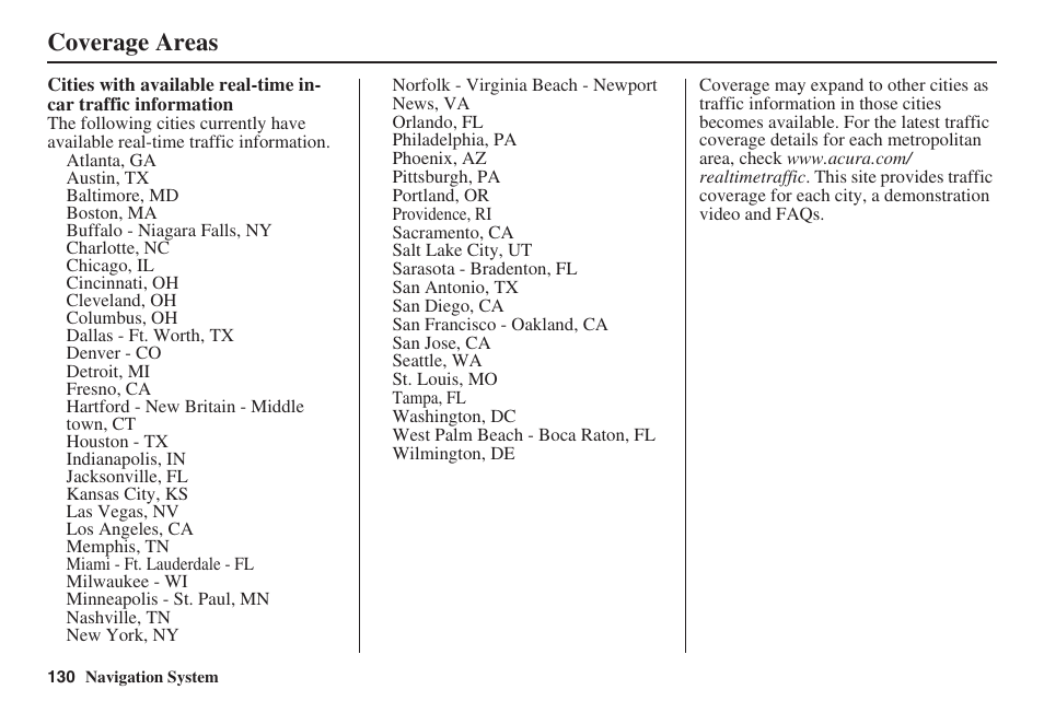 Coverage areas | HONDA 2008 MDX 00X31-STX-8100 User Manual | Page 131 / 172