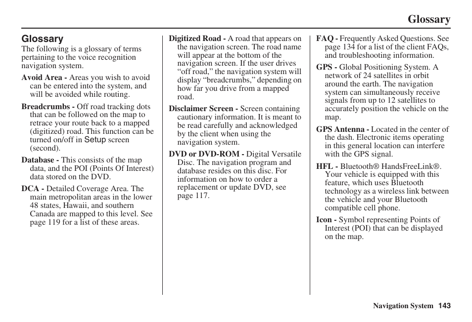 Glossary | HONDA 2008 MDX 00X31-STX-8100 User Manual | Page 144 / 172