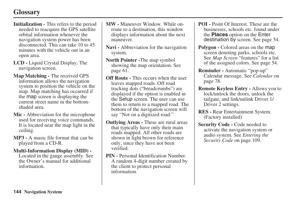 Glossary | HONDA 2008 MDX 00X31-STX-8100 User Manual | Page 145 / 172