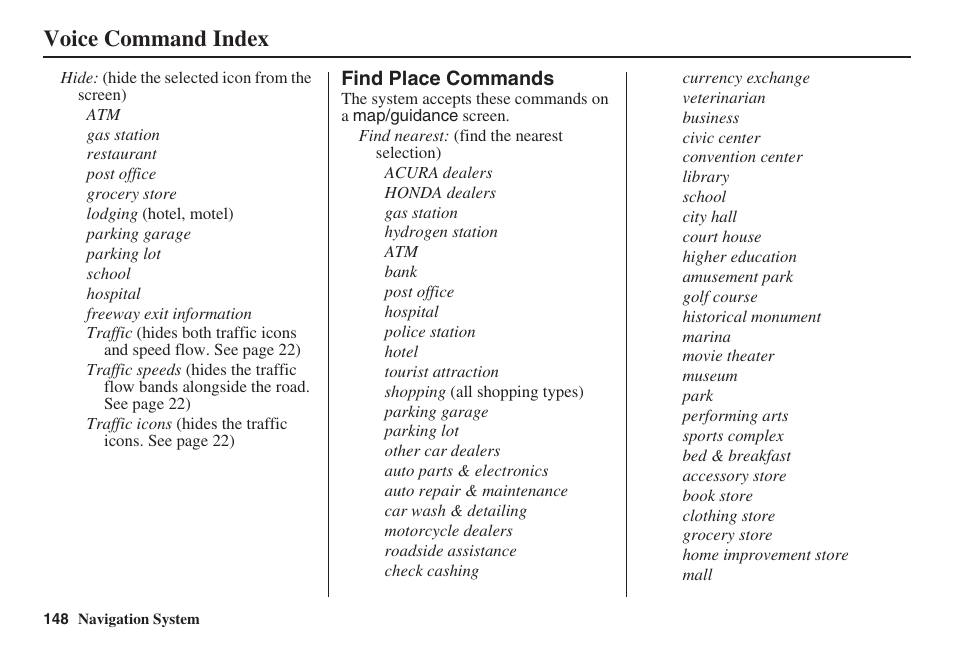 Voice command index | HONDA 2008 MDX 00X31-STX-8100 User Manual | Page 149 / 172