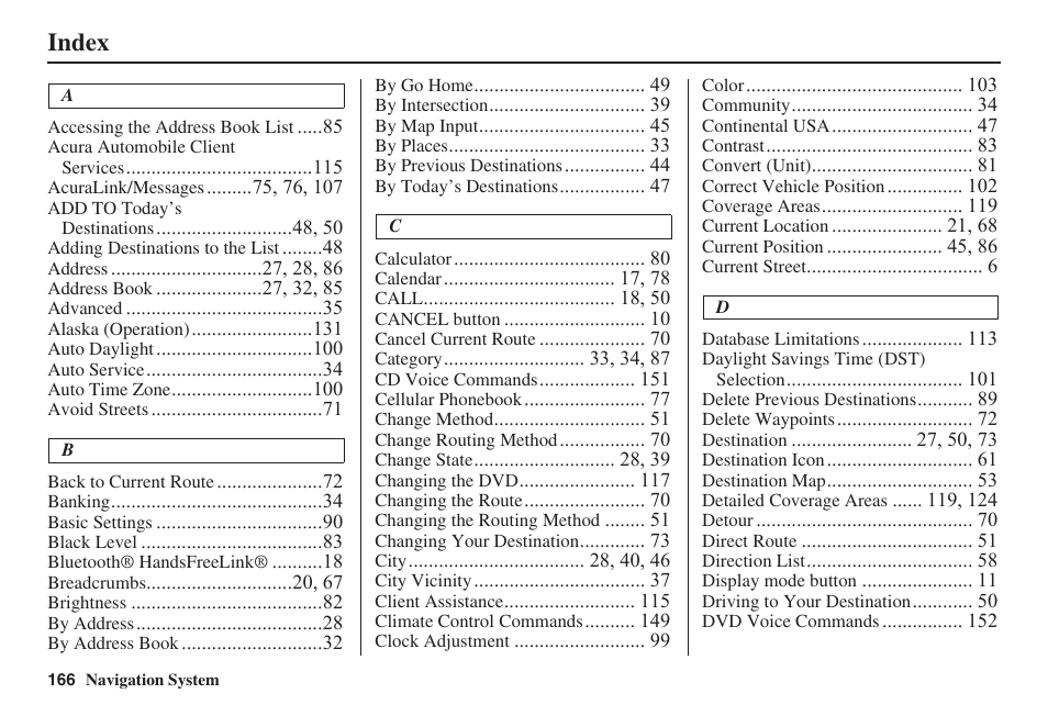 Index | HONDA 2008 MDX 00X31-STX-8100 User Manual | Page 167 / 172