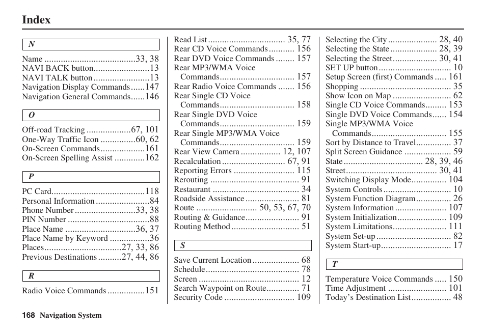 Index | HONDA 2008 MDX 00X31-STX-8100 User Manual | Page 169 / 172