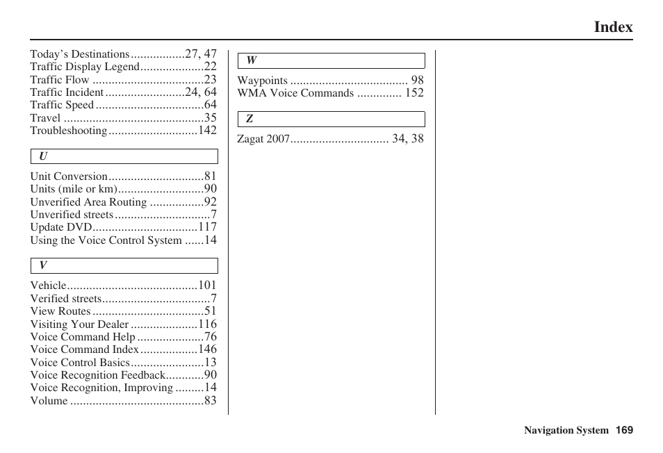 Index | HONDA 2008 MDX 00X31-STX-8100 User Manual | Page 170 / 172