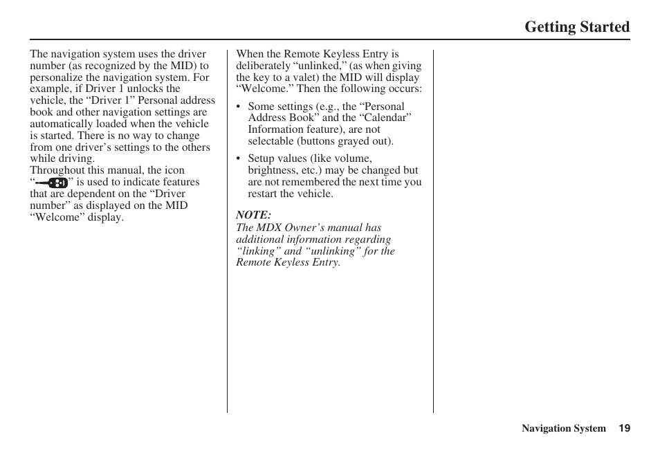 Getting started | HONDA 2008 MDX 00X31-STX-8100 User Manual | Page 20 / 172