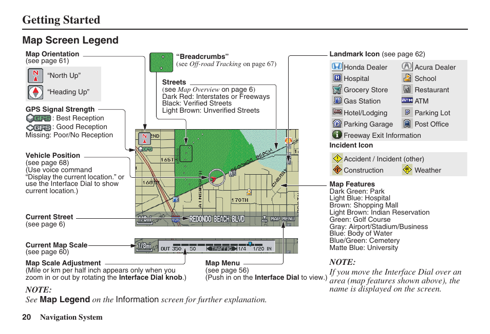 Getting started, Map screen legend | HONDA 2008 MDX 00X31-STX-8100 User Manual | Page 21 / 172