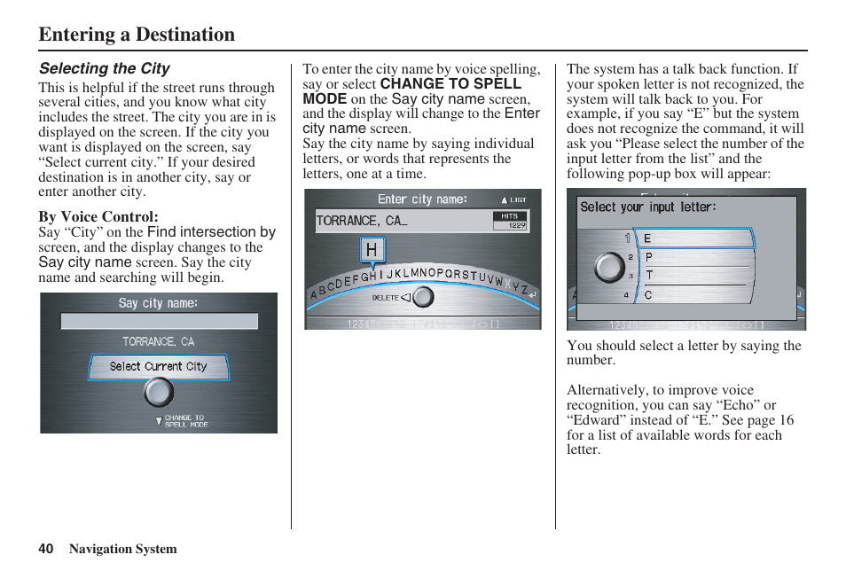 Entering a destination | HONDA 2008 MDX 00X31-STX-8100 User Manual | Page 41 / 172