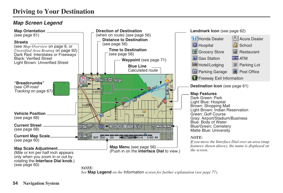 Driving to your destination, Map screen legend | HONDA 2008 MDX 00X31-STX-8100 User Manual | Page 55 / 172