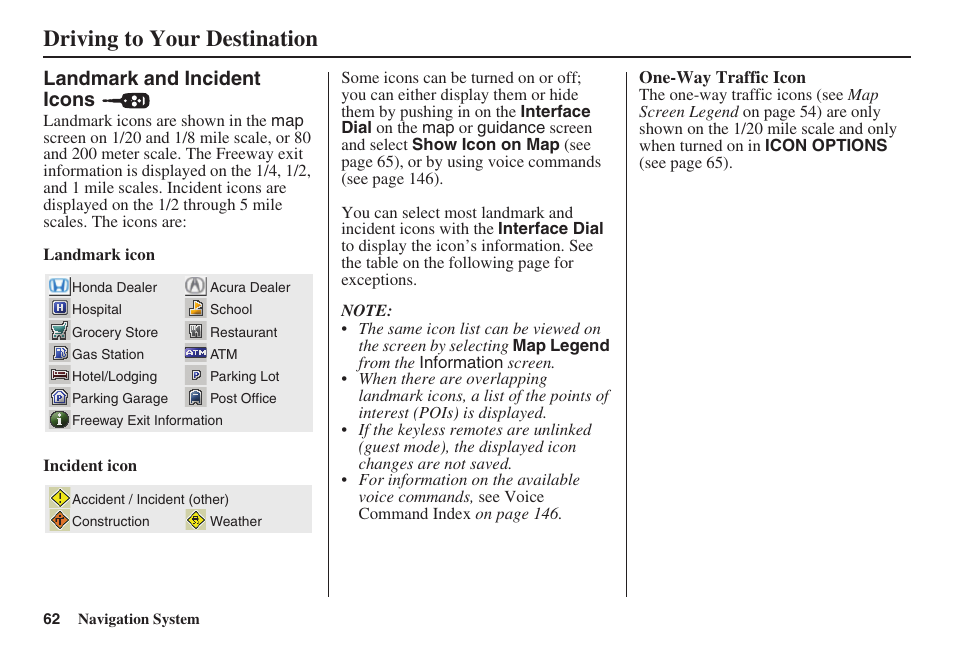 Driving to your destination, Landmark and incident icons | HONDA 2008 MDX 00X31-STX-8100 User Manual | Page 63 / 172