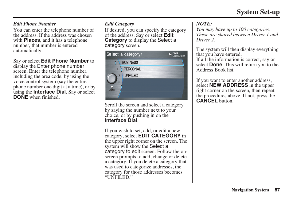 System set-up | HONDA 2008 MDX 00X31-STX-8100 User Manual | Page 88 / 172