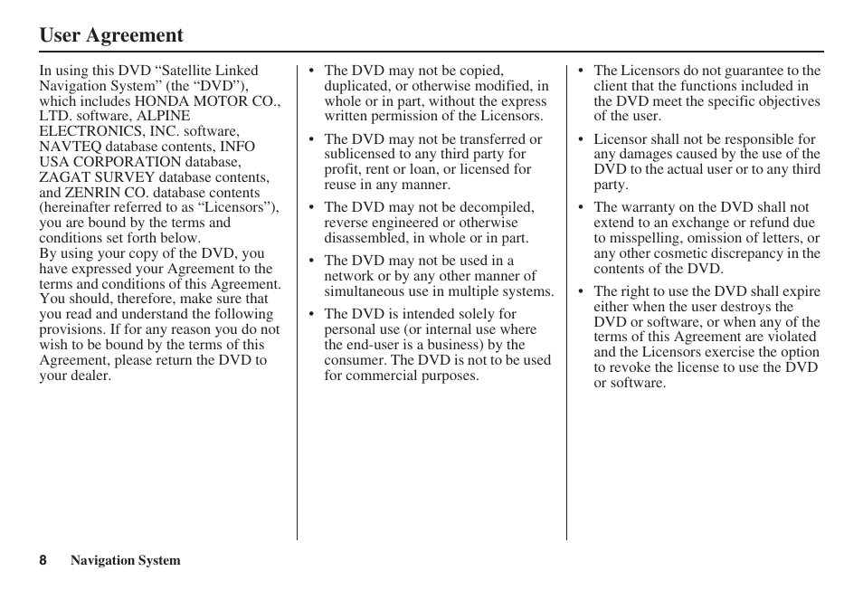 User agreement | HONDA 2008 MDX 00X31-STX-8100 User Manual | Page 9 / 172