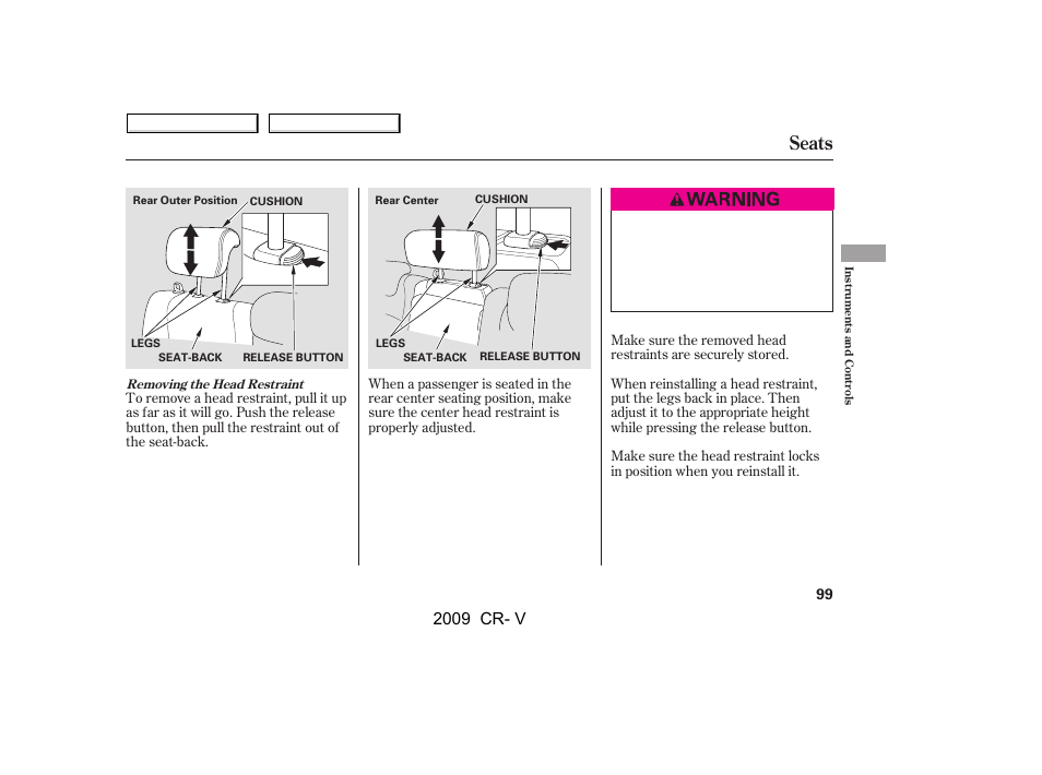 Seats, 2009 cr- v | HONDA 2009 CR-V User Manual | Page 103 / 373