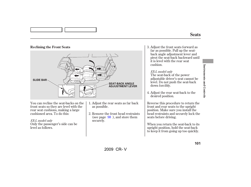 Seats, 2009 cr- v | HONDA 2009 CR-V User Manual | Page 105 / 373