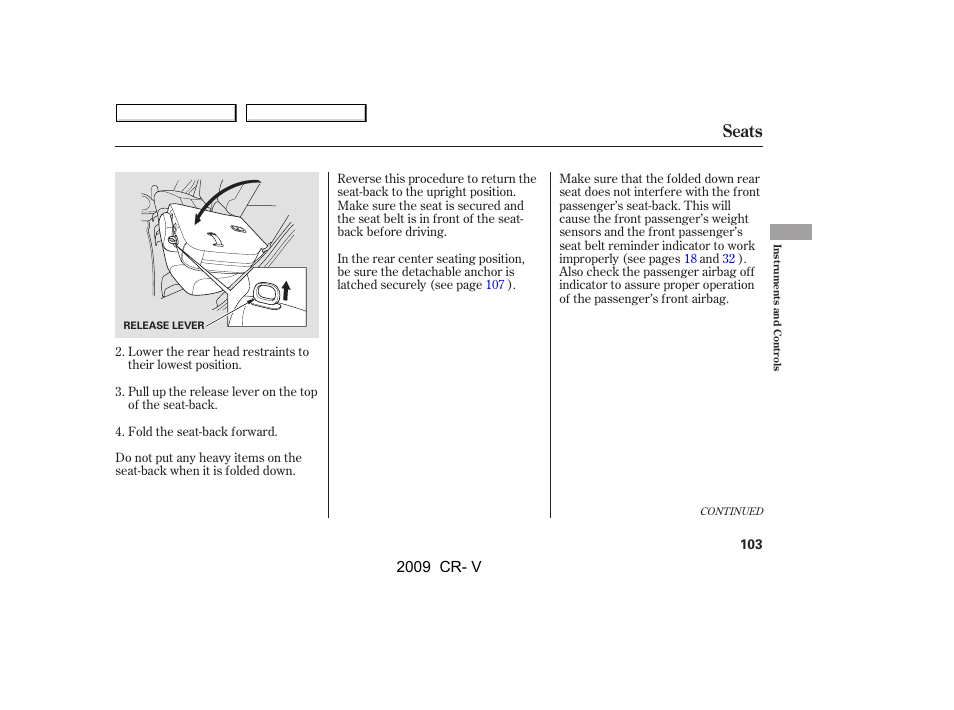 Seats, 2009 cr- v | HONDA 2009 CR-V User Manual | Page 107 / 373