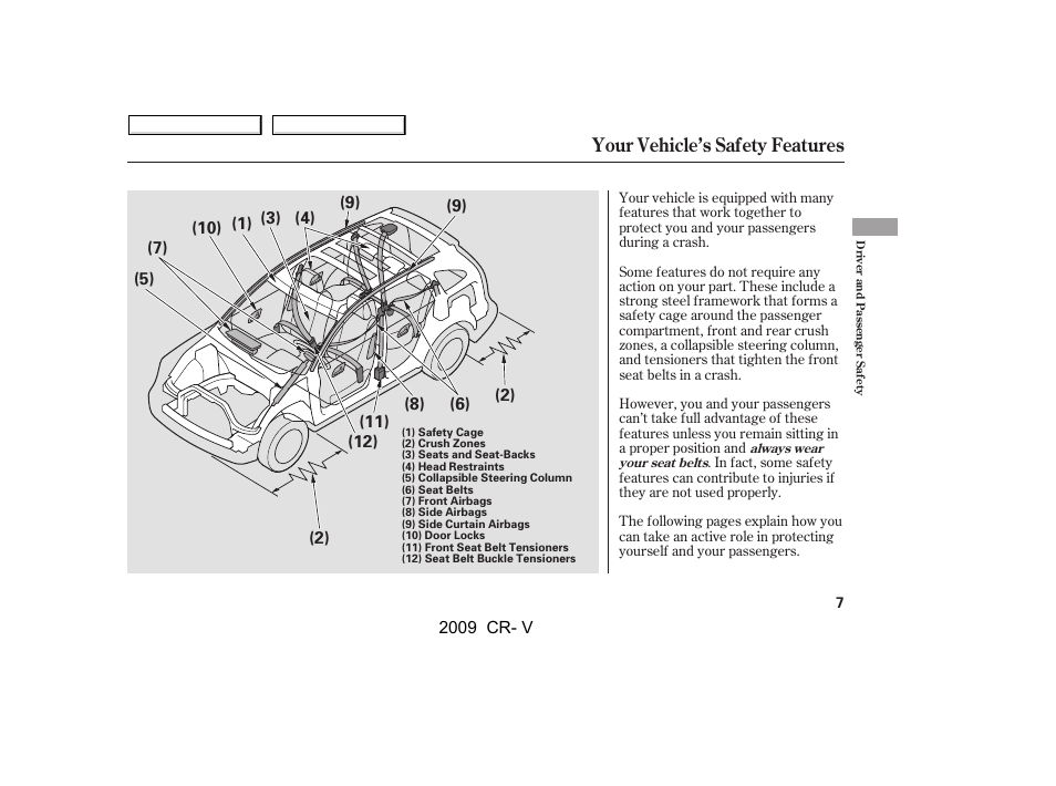 Your vehicle’s safety features | HONDA 2009 CR-V User Manual | Page 11 / 373