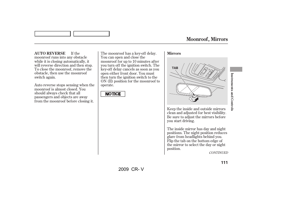 Moonroof, mirrors, 2009 cr- v | HONDA 2009 CR-V User Manual | Page 115 / 373