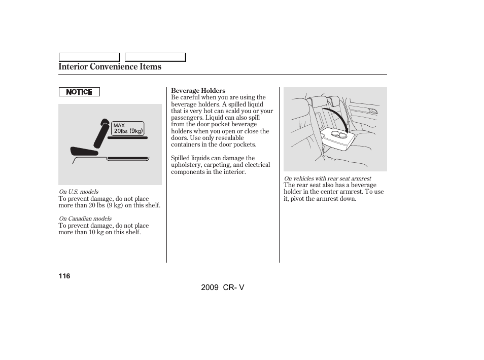 Interior convenience items | HONDA 2009 CR-V User Manual | Page 120 / 373