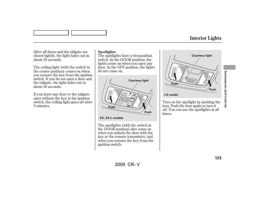 Interior lights, 2009 cr- v | HONDA 2009 CR-V User Manual | Page 127 / 373