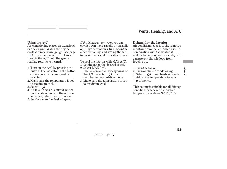 Vents, heating, and a/c | HONDA 2009 CR-V User Manual | Page 133 / 373