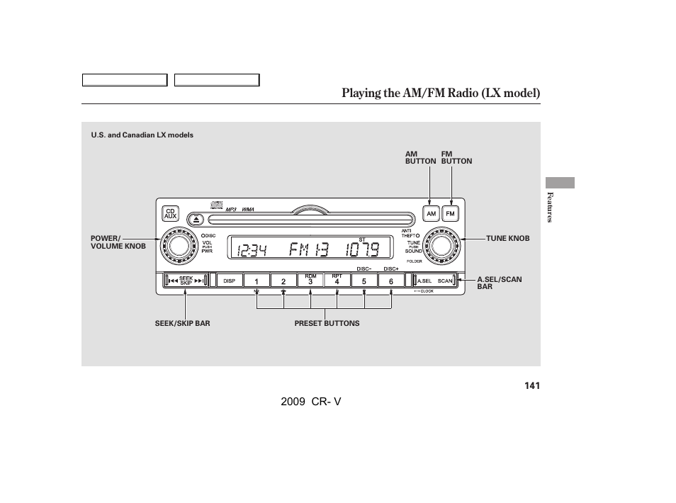 Playing the am/fm radio (lx model), 2009 cr- v | HONDA 2009 CR-V User Manual | Page 145 / 373
