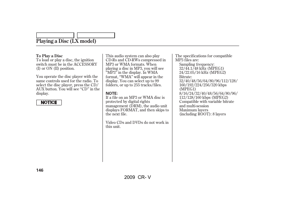 Playing a disc (lx model) | HONDA 2009 CR-V User Manual | Page 150 / 373