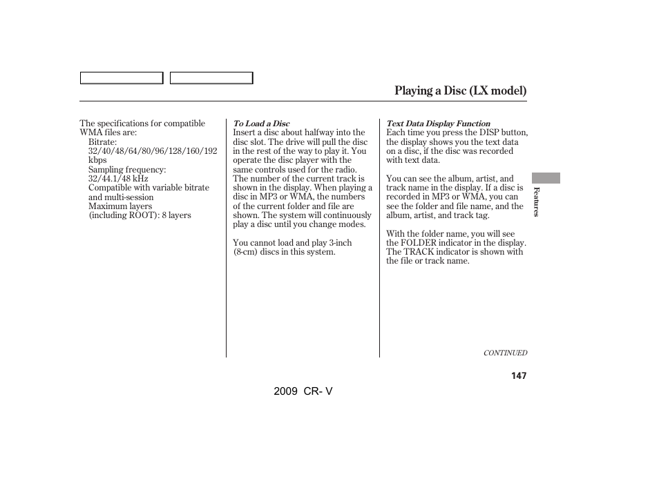 Playing a disc (lx model) | HONDA 2009 CR-V User Manual | Page 151 / 373