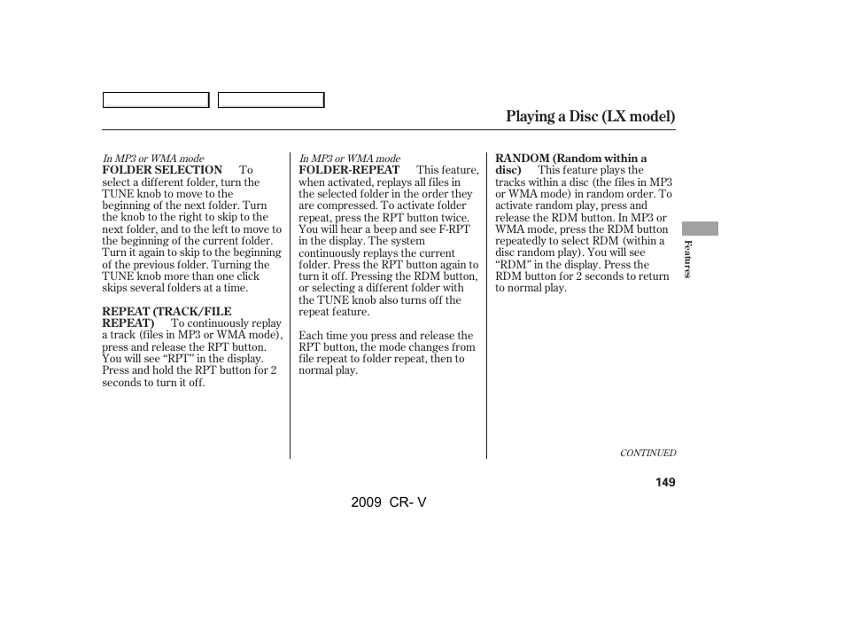 Playing a disc (lx model) | HONDA 2009 CR-V User Manual | Page 153 / 373