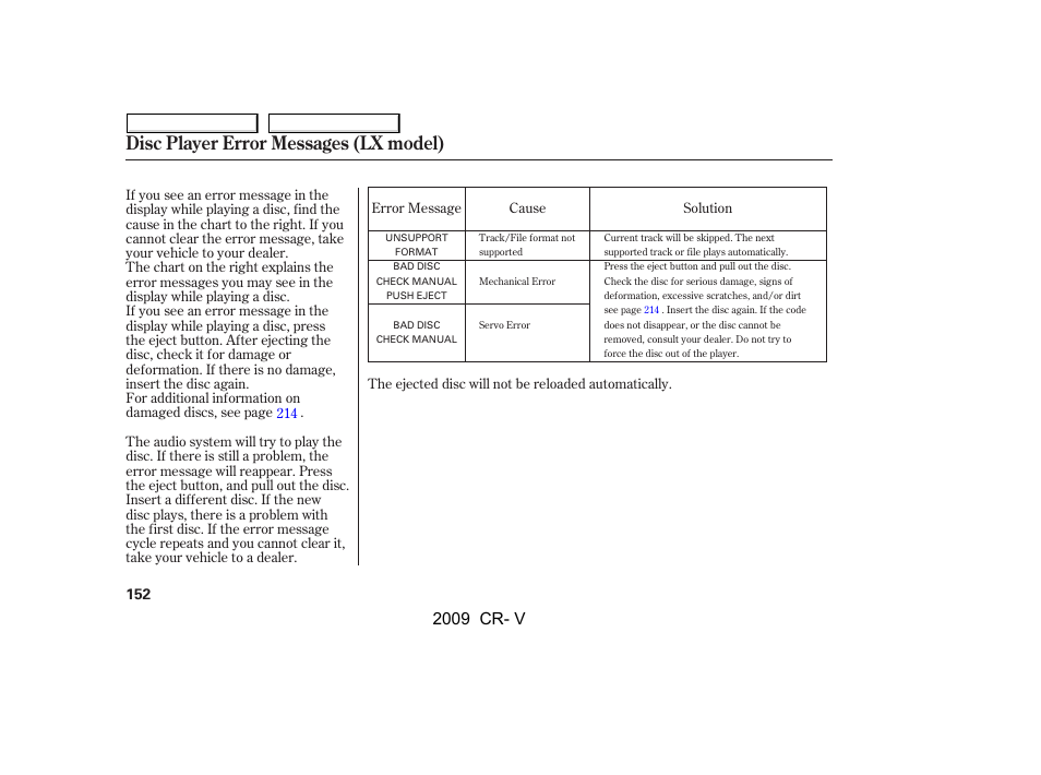 Disc player error messages (lx model), 2009 cr- v | HONDA 2009 CR-V User Manual | Page 156 / 373