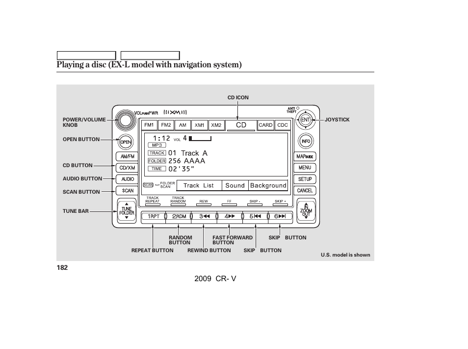 Playing a disc (ex-l model with navigation system), 2009 cr- v | HONDA 2009 CR-V User Manual | Page 186 / 373